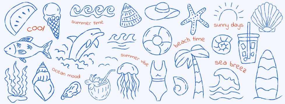 Summer beach doodle set, hand drawn ocean elements, vector illustration, tropical vacation icons, sea life sketch collection