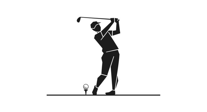 Black silhouette of a golfer mid-swing with a golf club and ball on a tee, depicted on an isolated white background.