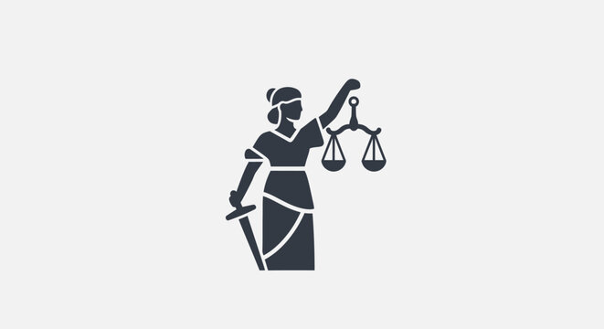 Silhouette icon of Lady Justice with blindfold, holding scales and sword, representing law and fairness on an isolated white background.