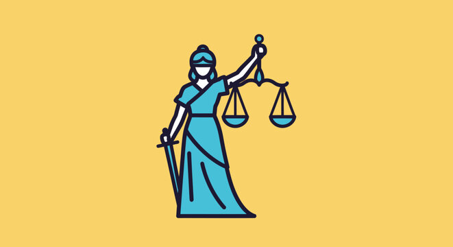 Regal Lady Justice Figure in Blue Robes Holding Scales and a Sword on a Yellow Background