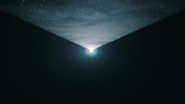 In the dark, a horizontal white beam scans space in search of extraterrestrial life forms or to build a three-dimensional model of the area being surveyed. View through sparkling particles
