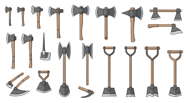 Collection of various axe and hand tool icons,  A diverse set of vector icons featuring various designs of axes and smaller hand tools, all rendered in a clean, flat style.