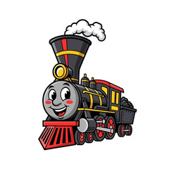 Cute Cartoon Steam Train with a Friendly Face and Smoke Puffing Out. © LafifahFitriyani