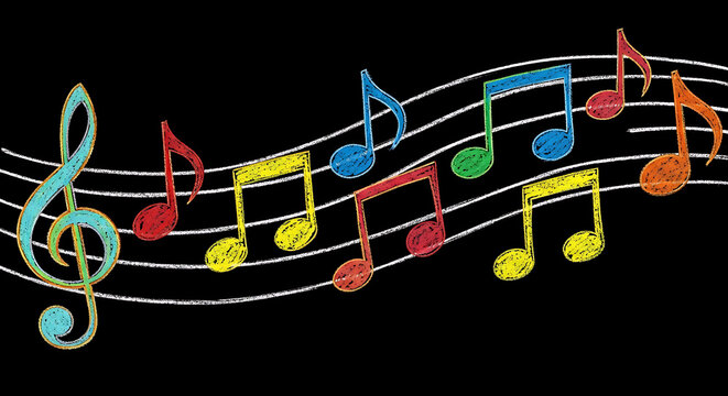 Creative musical staff with colorful notes in chalk drawing style