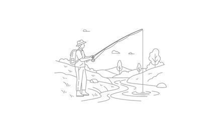 Fototapeta premium Fisherman casting line into serene landscape