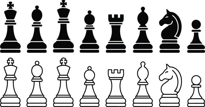 Chess icons vector, including king, queen, rook, bishop, knight, and pawn, clean minimal symbols for strategy, mind games, and tactical planning.