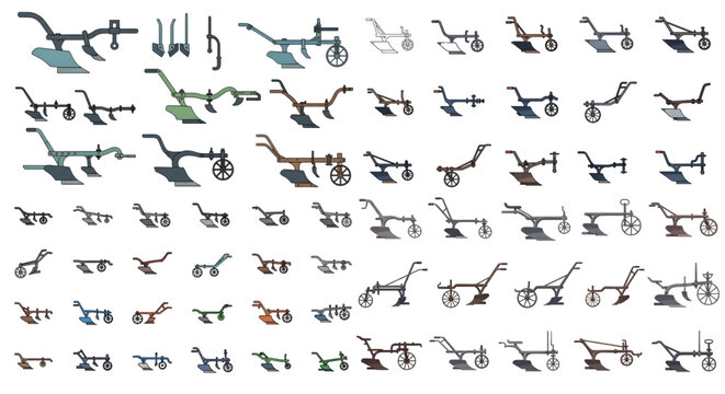 Vintage antique moldboard plow collection, detailed color vector illustrations of farm plows, A colorful vector illustration set showcasing 48 detailed, vintage and antique moldboard plow designs.