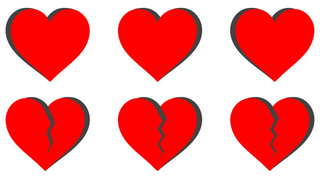 heart, love, red, broken, romantic heart icon set featuring full and cracked shapes isolated for valentine, relationship, emotion, affection, symbol, sign, simple clean design