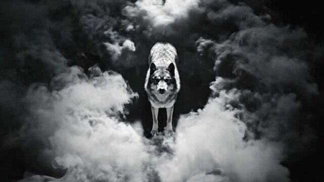 Majestic Wolf Emerging from Swirling Clouds in Dramatic Black and White