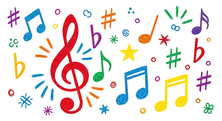 Fototapeta premium Crayon style musical notation elements for kids education and art