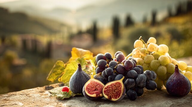 Fresh Figs and Grapes Displayed on a Stone Surface Under Dappled Sunlight with Soft Hills in Background