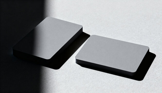 Minimalist business card mockup featuring front and back presentation on a smooth gray surface with realistic soft shadows and high-contrast edges for branding