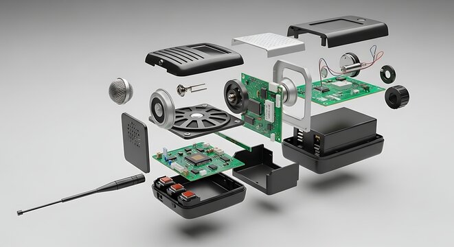 Exploded view of walkie-talkie parts floating mid-air with perfectly aligned components, clean minimal background, product engineering and technology design concept.