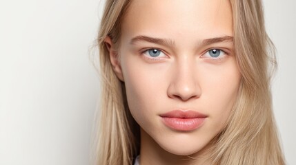 Fototapeta premium Young woman showing fresh natural beauty, gazing forward with bright blue eyes, long blonde hair framing a clear complexion and serene expression