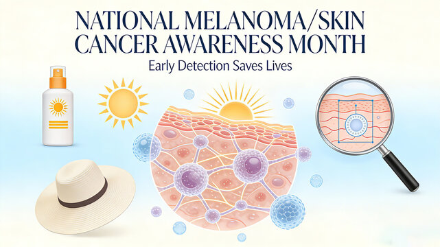 The National Melanoma Awareness Month poster on Sunscreen Products and Skin Structure advocates for scientific sun protection and calls for early screening and treatment to protect skin health.
