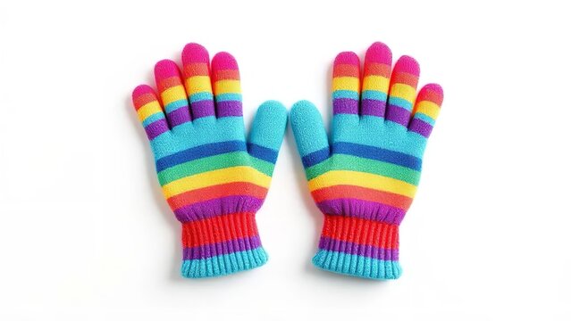 Vibrant rainbow striped fingerless gloves on white background