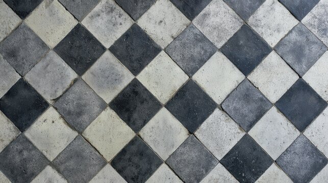 Vintage checkerboard floor texture creating a geometric pattern with black and white square tiles laid diagonally, showing aged, distressed surface details and a retro architectural style