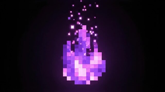 Medium shot. Purple pixel art flame with rising embers on black background. 8-bit retro video game asset. VFX animation.