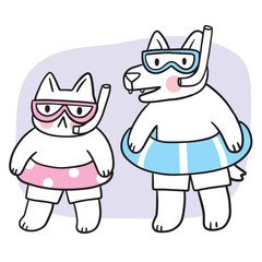 Cute Cat and Dog Wearing Snorkel and Swimsuit © Meaw_sally