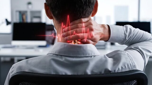 Rear view medium shot. Man holding neck in pain at desk in modern office. Natural daylight. Occupational health stiffness strain ergonomic issue.
