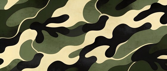 Fototapeta premium Abstract camouflage pattern with organic shapes in green, black, and beige tones