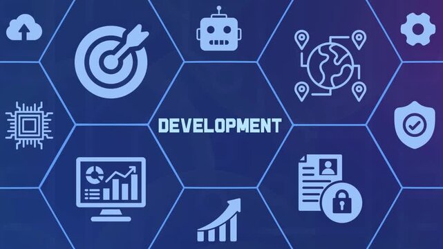 Software development and coding concept with hexagonal UI design representing agile workflow and digital product engineering.