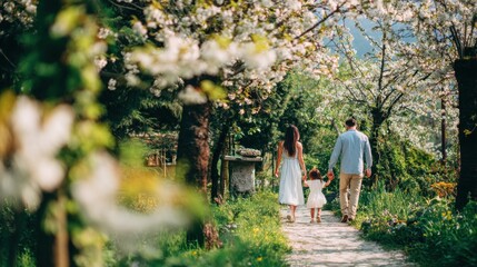 Fototapeta premium Family Enjoys a Spring Day Walking in the Park With Blossoms and Dappled Light Surrounding Them on a Sunny Afternoon