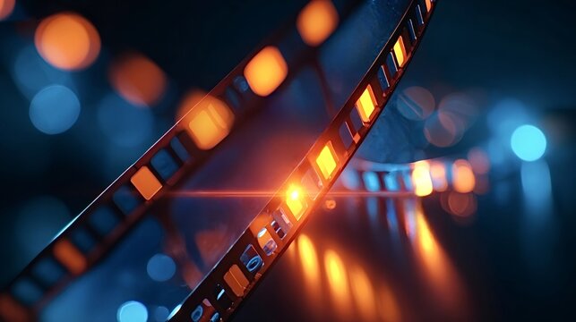 Film strip with glowing sprocket holes producing a cinematic aesthetic with warm orange and cool blue bokeh lights and reflections creating a dynamic background for movie and video production concepts