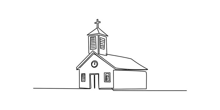 A simple black and white line drawing of a small christian church building with a steeple cross Vector, illustration
