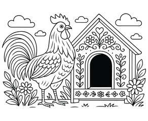 Rooster standing by decorated hen house coloring page with flowers and clouds background. © Farida