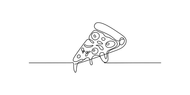 Minimalist continuous line drawing of a single slice of cheesy pepperoni pizza on a plain white Vector, illustration