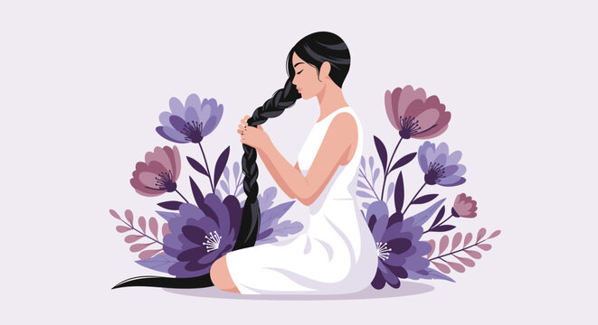 Woman braiding long black hair sitting with floral background