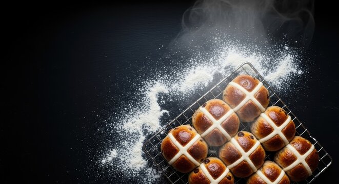 Freshly Baked Hot Cross Buns on Black Background with Flour Dust