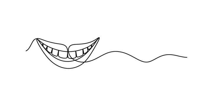 A minimalist single line drawing illustration of a wide human smile with visible white teeth Vector, illustration