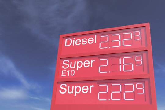 3d Illustation - Tankstellenanzeigetafel - Spritpreise - Teuer - Sprit - Benzin - Diesel