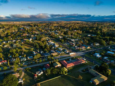Country town neighbourhood with view over homes and streets dotted with trees
