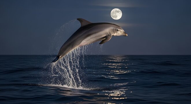 Spectacular common dolphin leaps high above dark ocean waves illuminated by a bright full moon