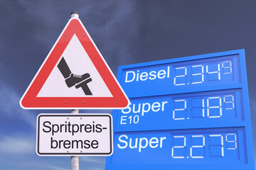 3d Illustation - Verkehrsschild - Tankstelle - Achtung - Spritpreisbremse