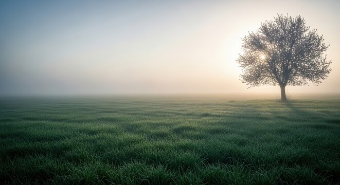 Serene Landscape with a Tree in Foggy Morning Light at Dawn