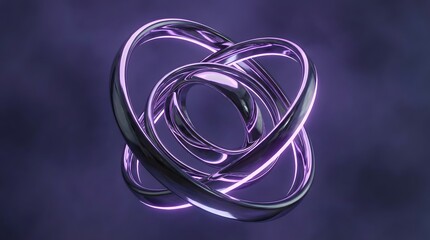 Fototapeta premium An intricate metallic knot sculpture with luminous purple neon light edges set against a dark blurred background 3D render