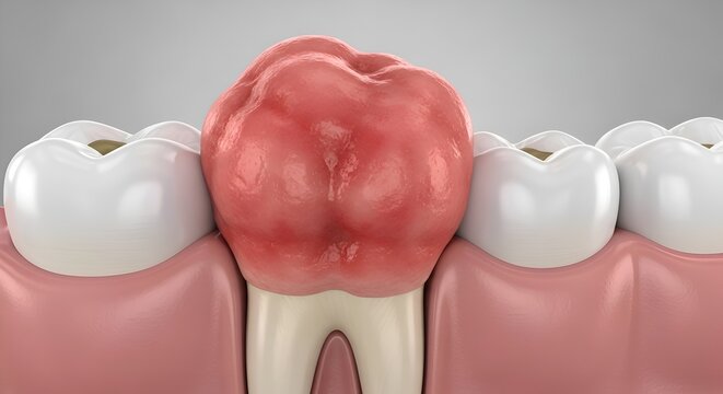 Close-up of a diseased tooth with gingival hyperplasia, dental healthcare concept