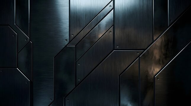 A dark brushed metallic surface composed of geometric panels and angular lines offering a futuristic industrial backdrop