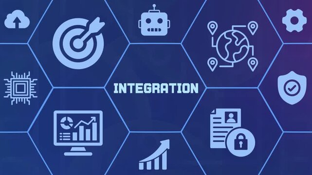 System integration and unified digital platform concept with puzzle and connection tech icons.
