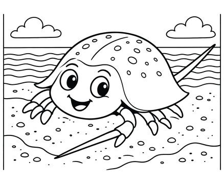 Horseshoe crab coloring page on beach with ocean waves and sunny sky for children education.