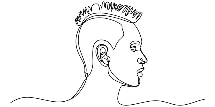 Minimalist continuous single line drawing of a person featuring a stylish mohawk hairstyle profile