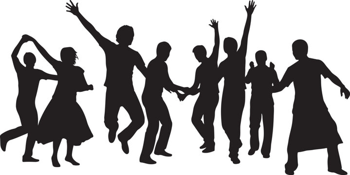 Black silhouettes, dancing people, joyful figures, vector illustrations, party crowd, celebration icons