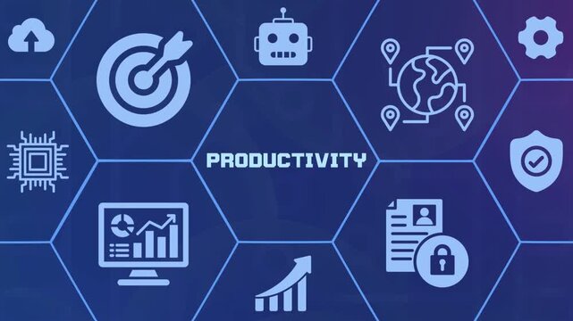 High efficiency business productivity concept with modern workflow icons and time management symbols.