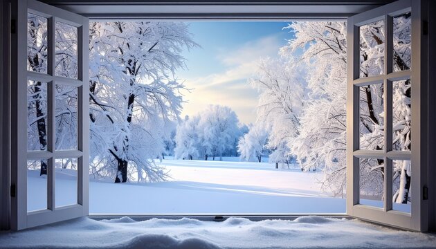 Winter Wonderland View Through Open Window - A Snowy Landscape.