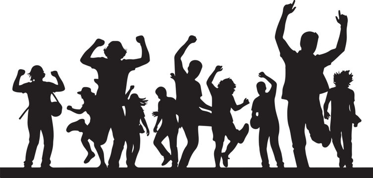 Black silhouettes, happy people, dancing crowd, joyful figures, vector icons