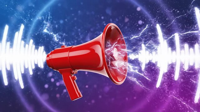 Red megaphone emanating powerful sound waves on a dynamic blue and purple spectrum background for promotions,announcements and marketing